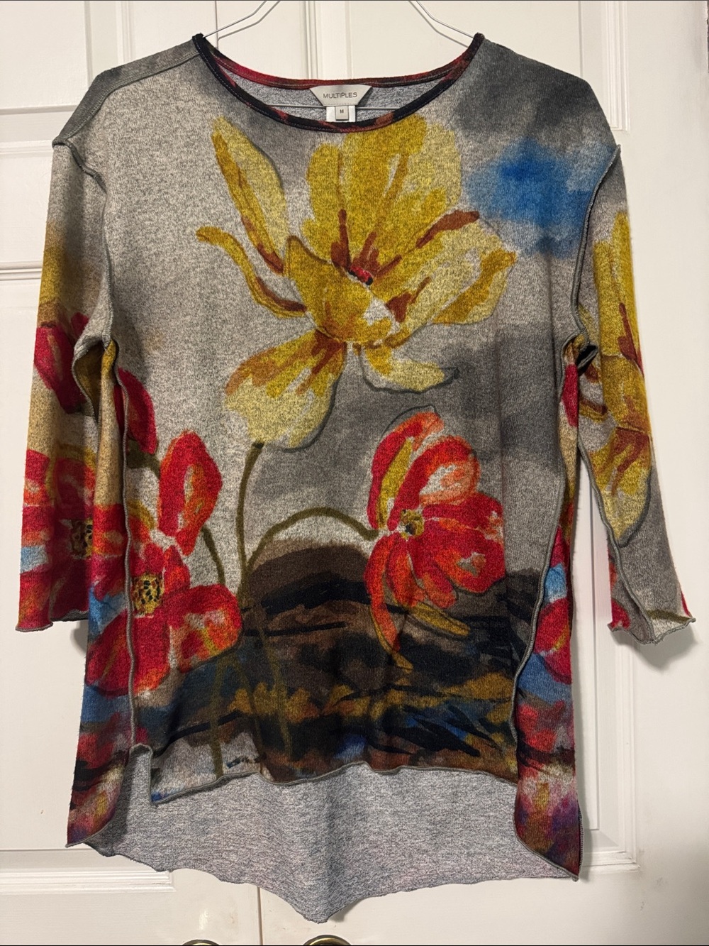 Multiples Gray Floral Knit Top with Red and Yellow Blooms M